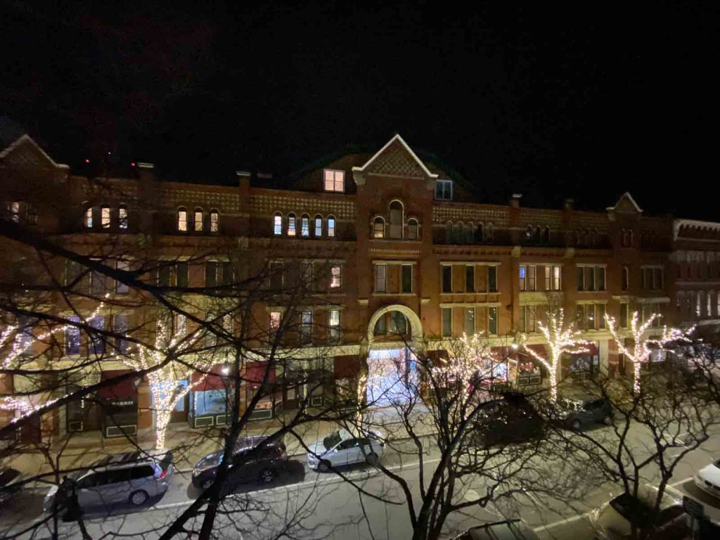 Opera Block Apartments at Night with holiday lights