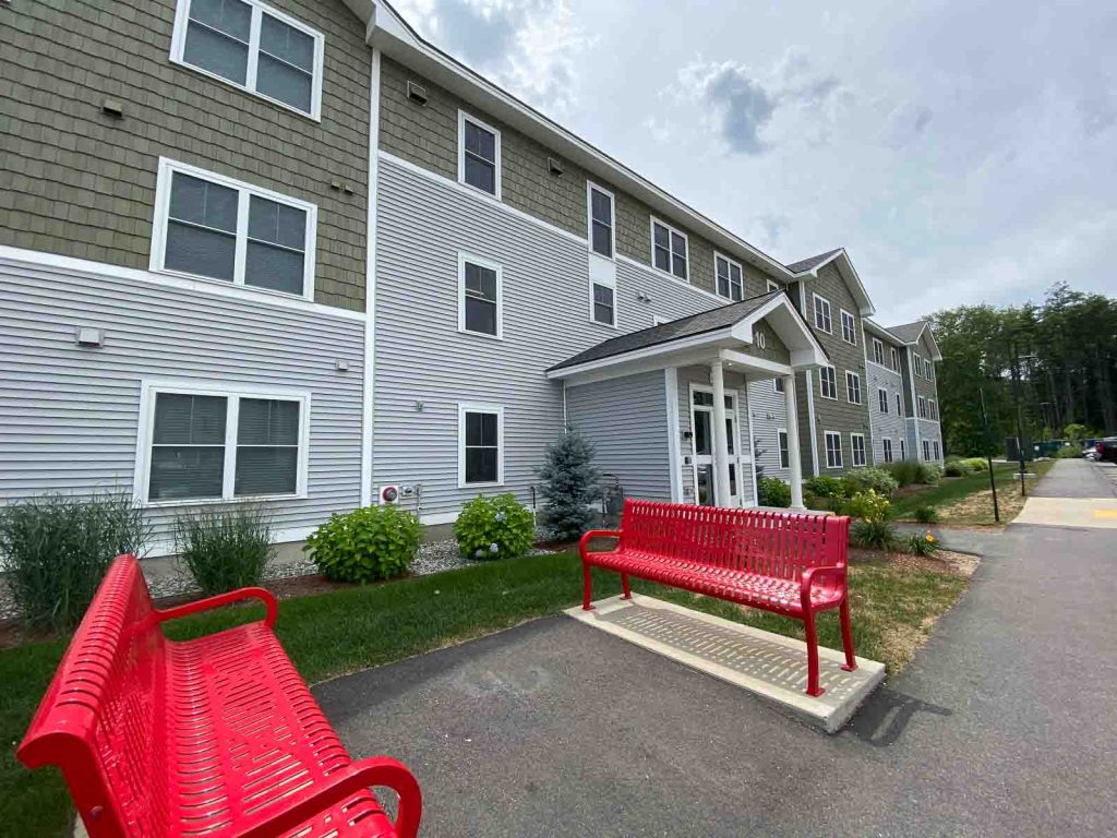 Red benches for residents