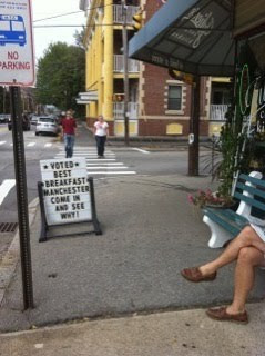 Sandwich board outside Julien's Breakfast Place in Manchester NH